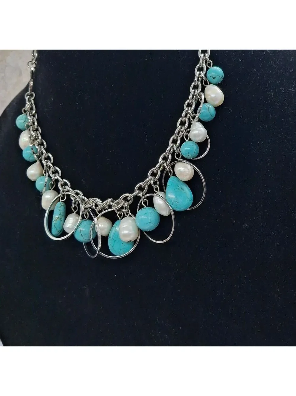 Genuine Pearls Silvertone and Turquoise Colored Howlite Beaded Necklace